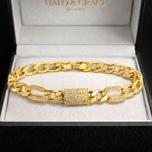 Gold Cuban Link Bracelet with pave locket in center